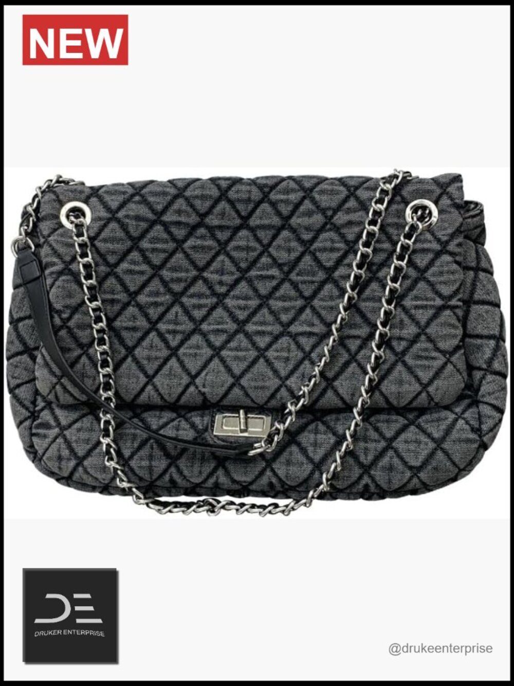 Large Smoky Gray Denim Chain Tote Satchel Handbag - Retro Checkered